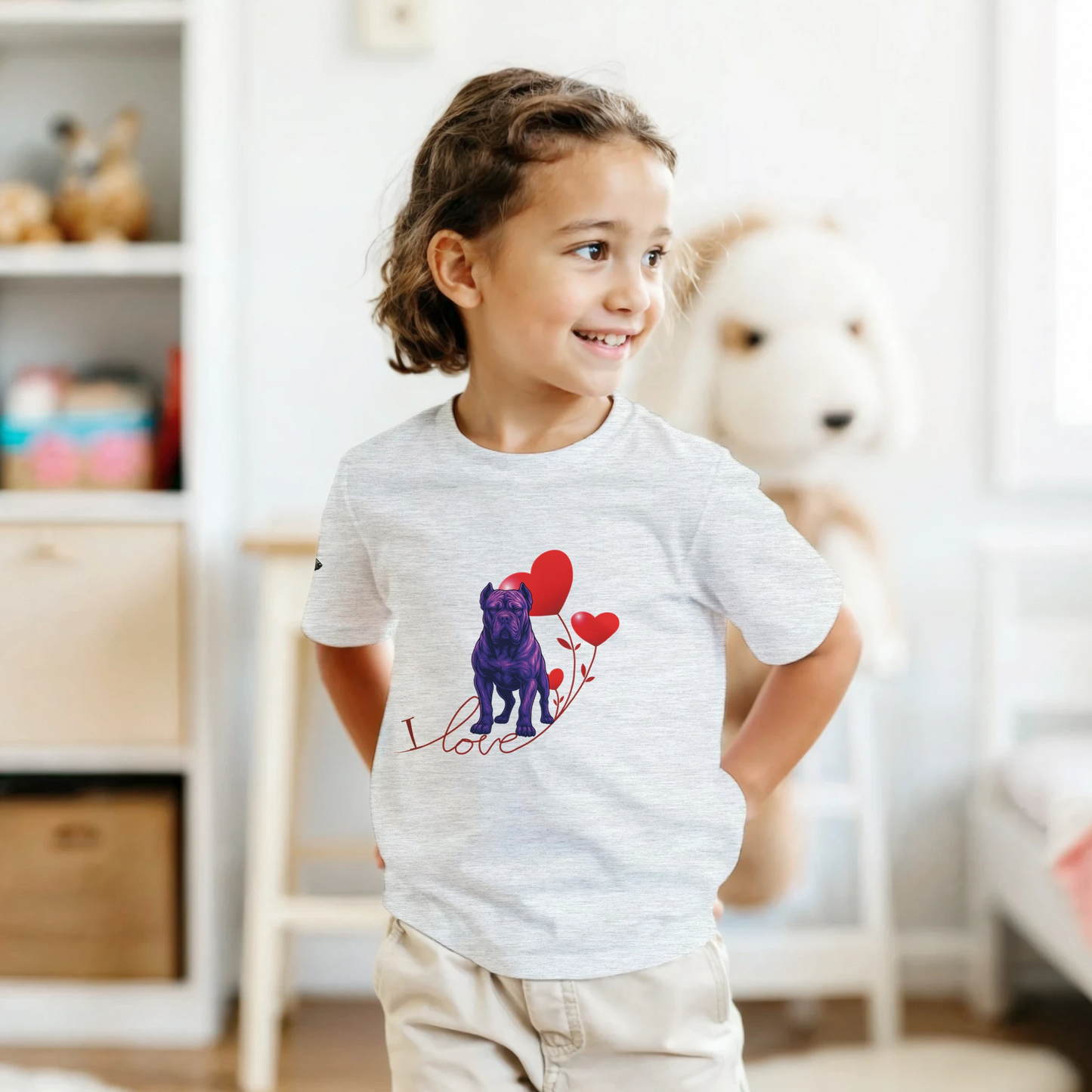 T-shirt enfant unisexe classique ras du cou gris clair I love Cane Corso