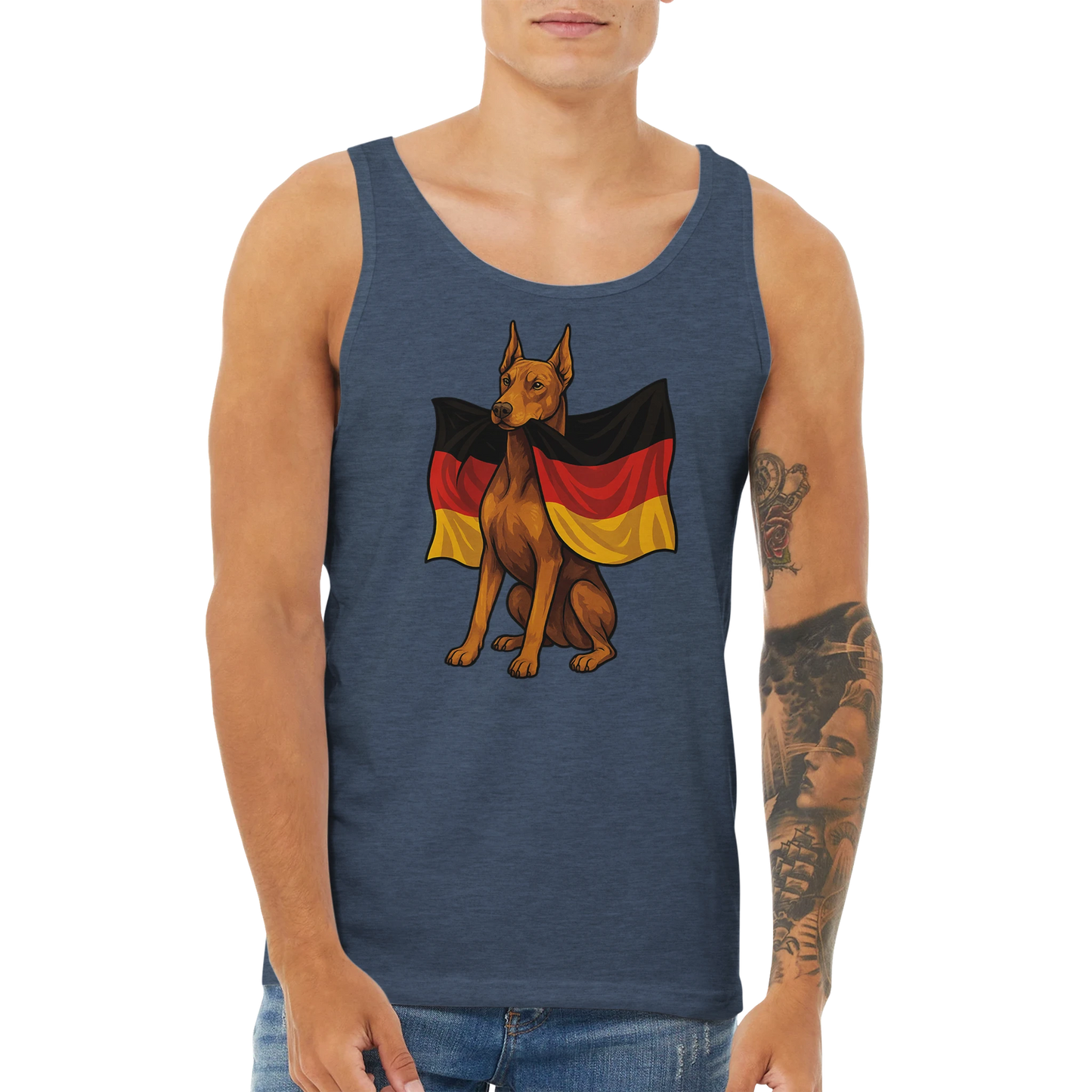 Débardeur adulte unisexe premium bleu chiné Dobermann drapeau