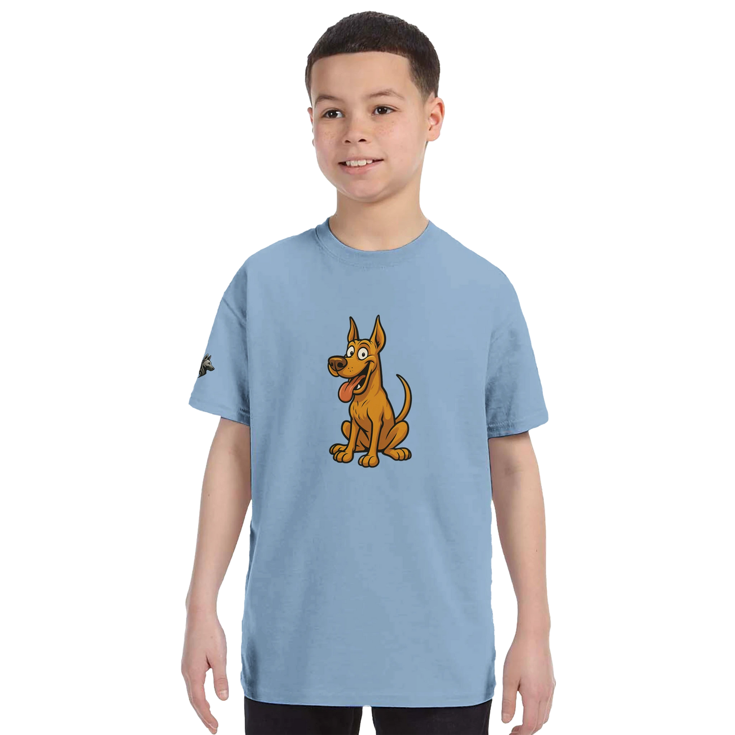 T-shirt enfant classique ras du cou Dobermann humour2 avec logo sur manche droite MolossDesign