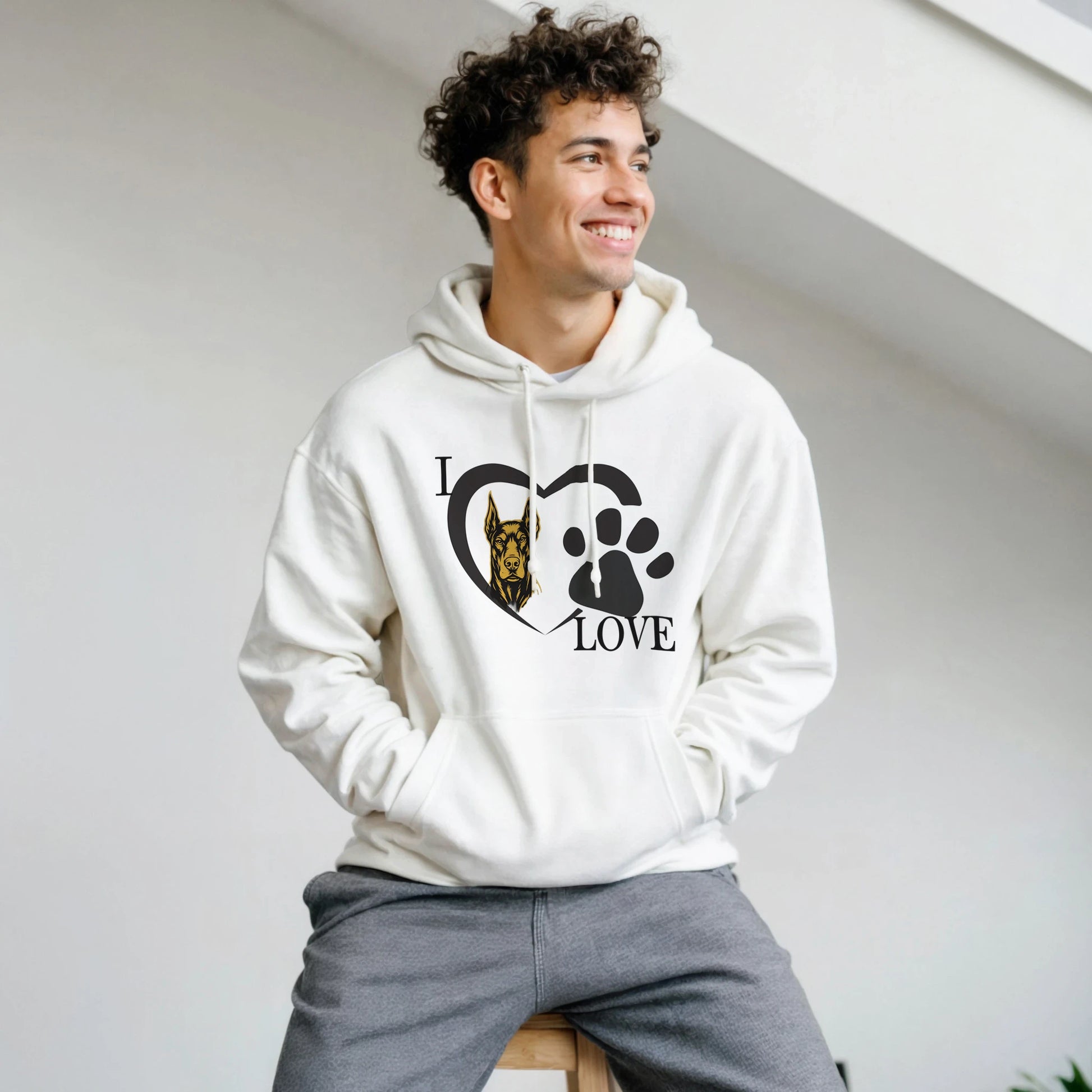 Sweat à capuche adulte unisexe classique blanc I love Dobermann