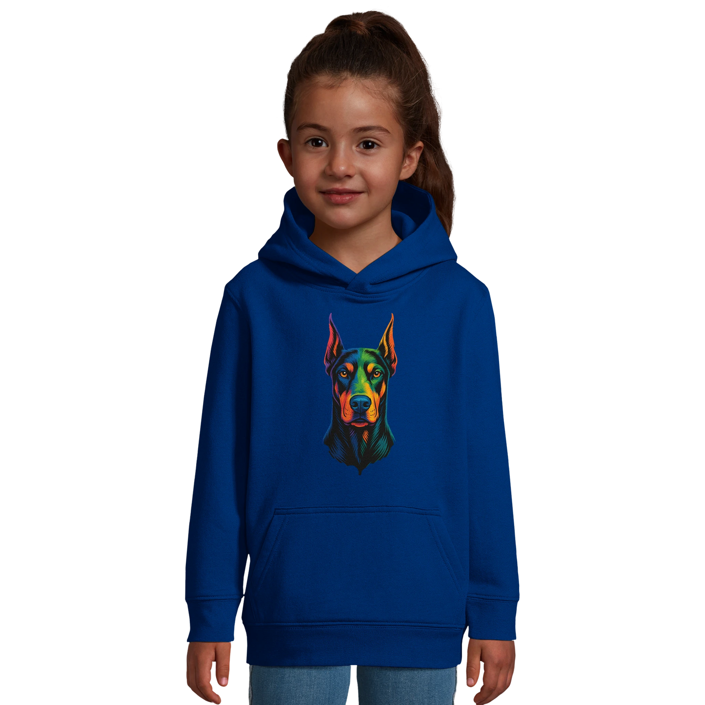 Sweat-shirt à capuche enfant bleu tête Dobermann arc en ciel