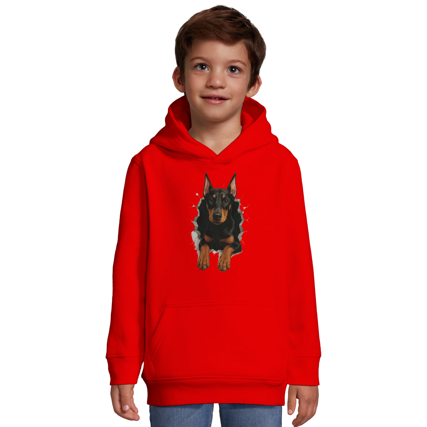 Sweat-shirt à capuche enfant rouge-Dobermann trou mur