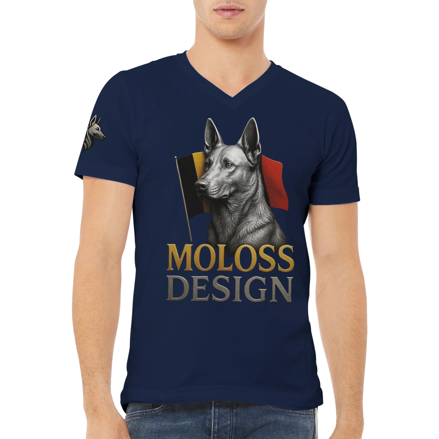 T-shirt adulte unisexe premium col en V bleu Malinois+drapeau