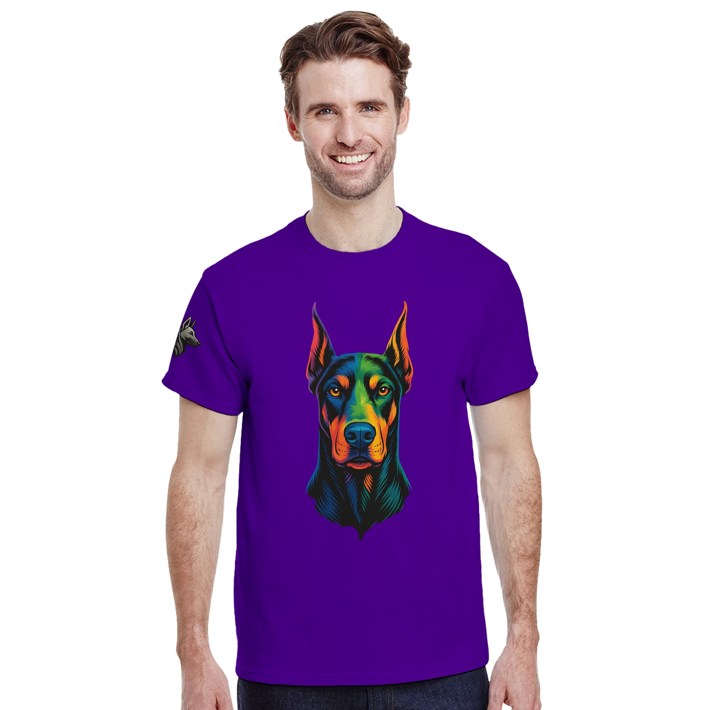 T-shirt adulte unisexe épais ras du cou violet tête Dobermann arc en ciel