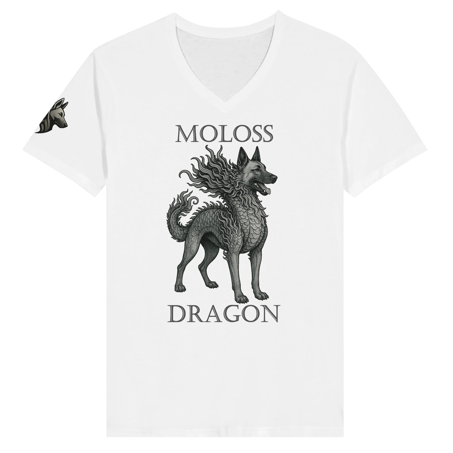 T-shirt adulte unisexe premium col en V blanc Moloss Dragon Malinois
