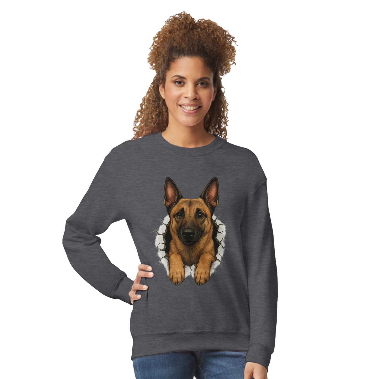 Sweat-shirt adulte unisexe classique ras du cou gris Malinois trou mur