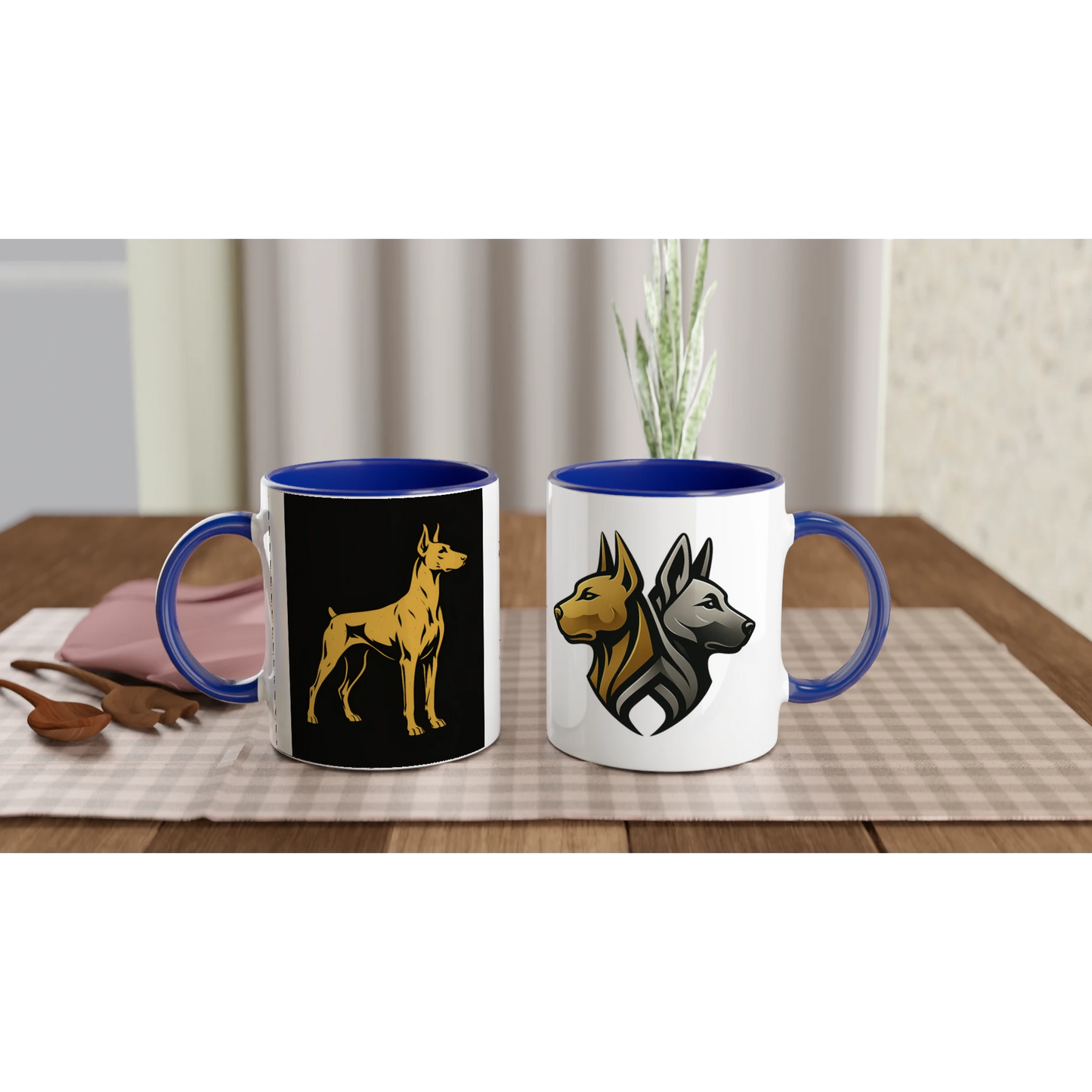 Mug céramique blanche 325 ml (11 oz) intérieur coloré bleu-Dobermann doré fond noir