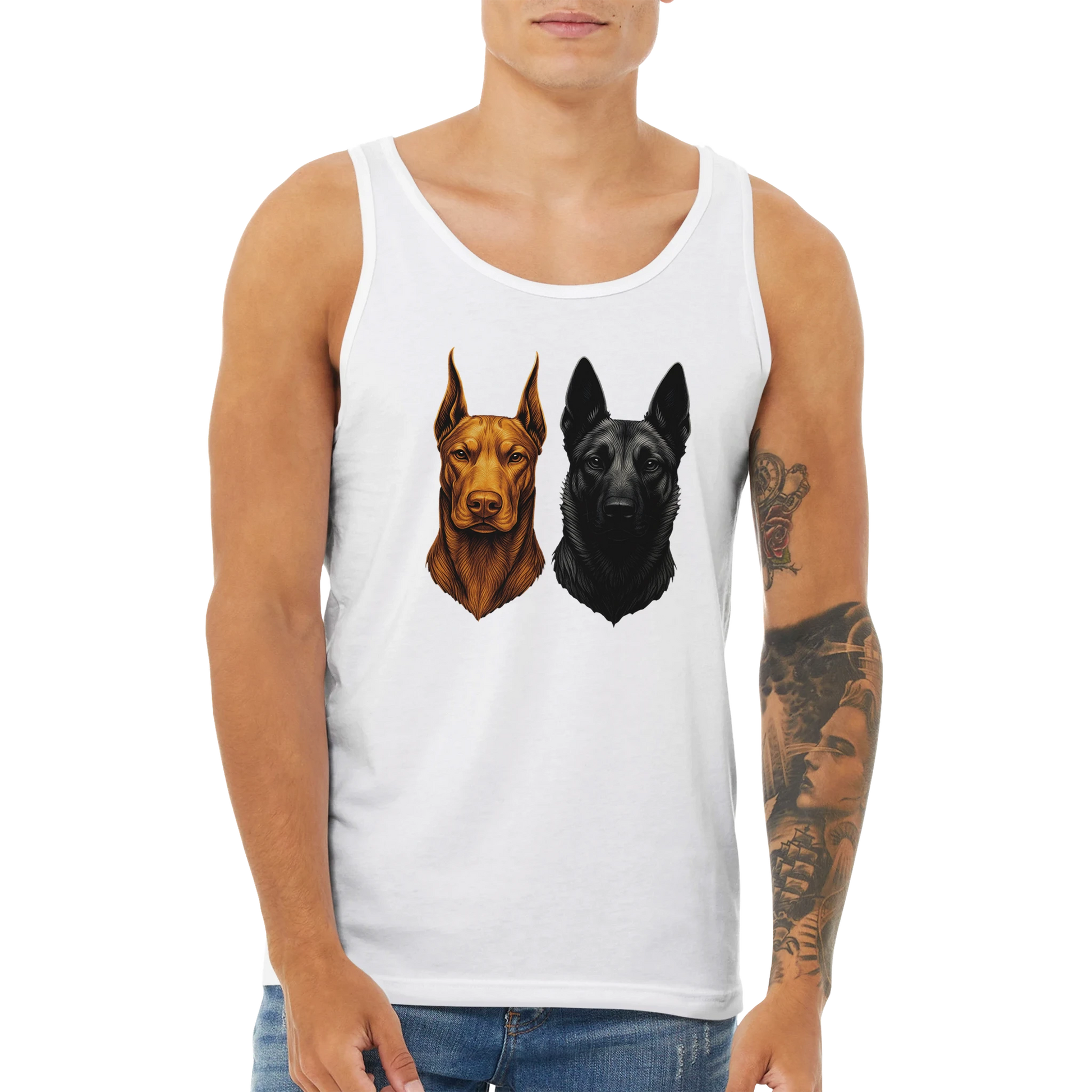 Débardeur adulte unisexe premium blanc tête Dobermann+Malinois