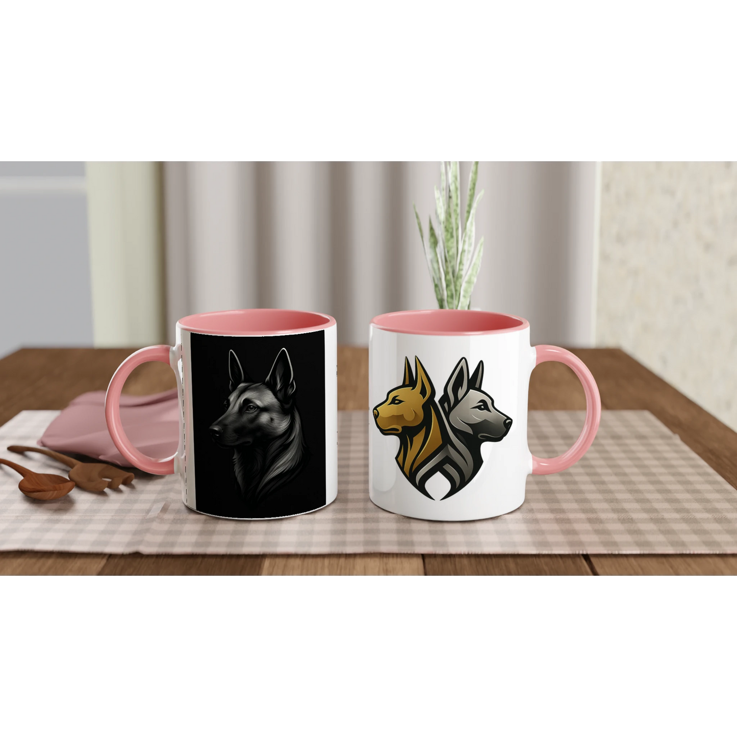 Mug céramique blanche 325 ml (11 oz) intérieur coloré rose-tête Malinois argentée/noire