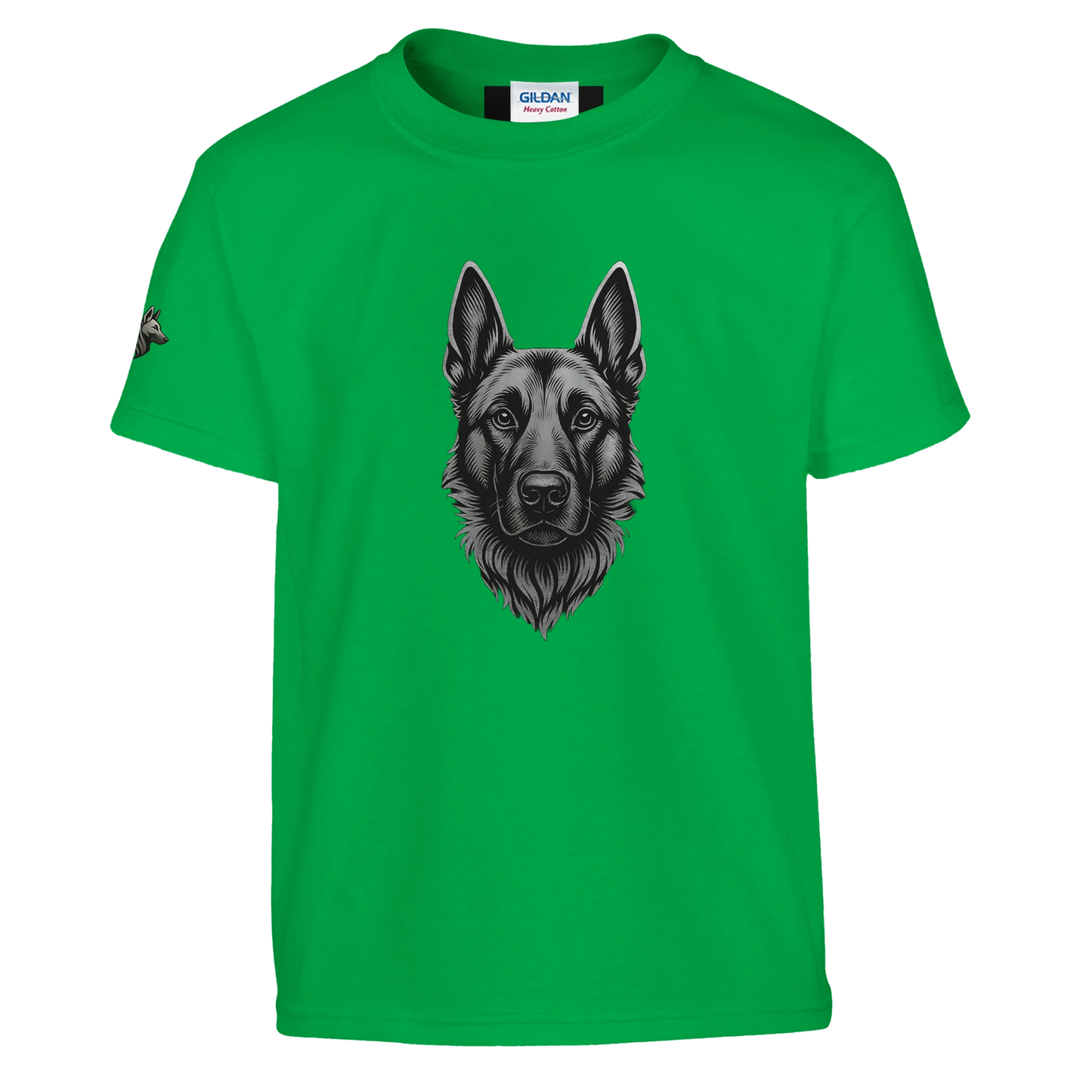 T-shirt enfant classique ras du cou tête Malinois argentée avec logo sur la manche droite MolossDesign