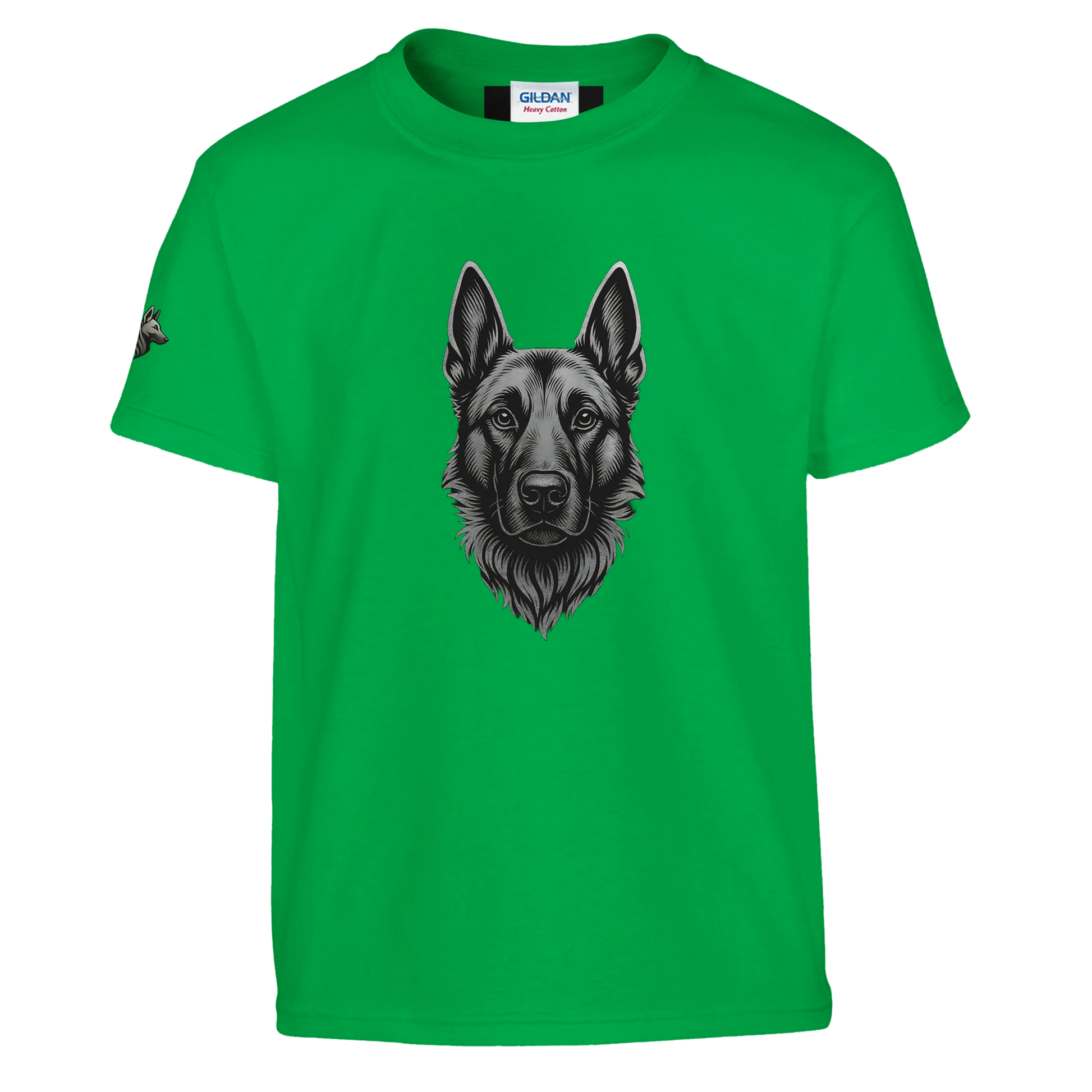 T-shirt enfant classique ras du cou tête Malinois argentée avec logo sur la manche droite MolossDesign