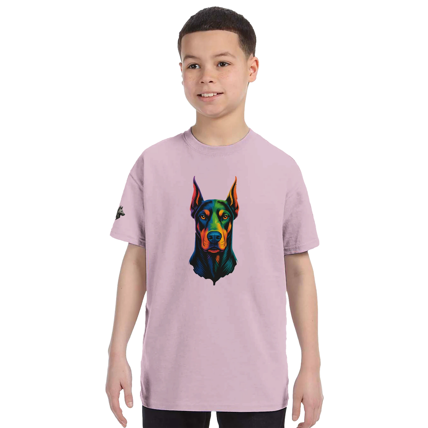 T-shirt enfant classique ras du cou tête Dobermann arc en ciel1 avec logo sur manche droite MolossDesign