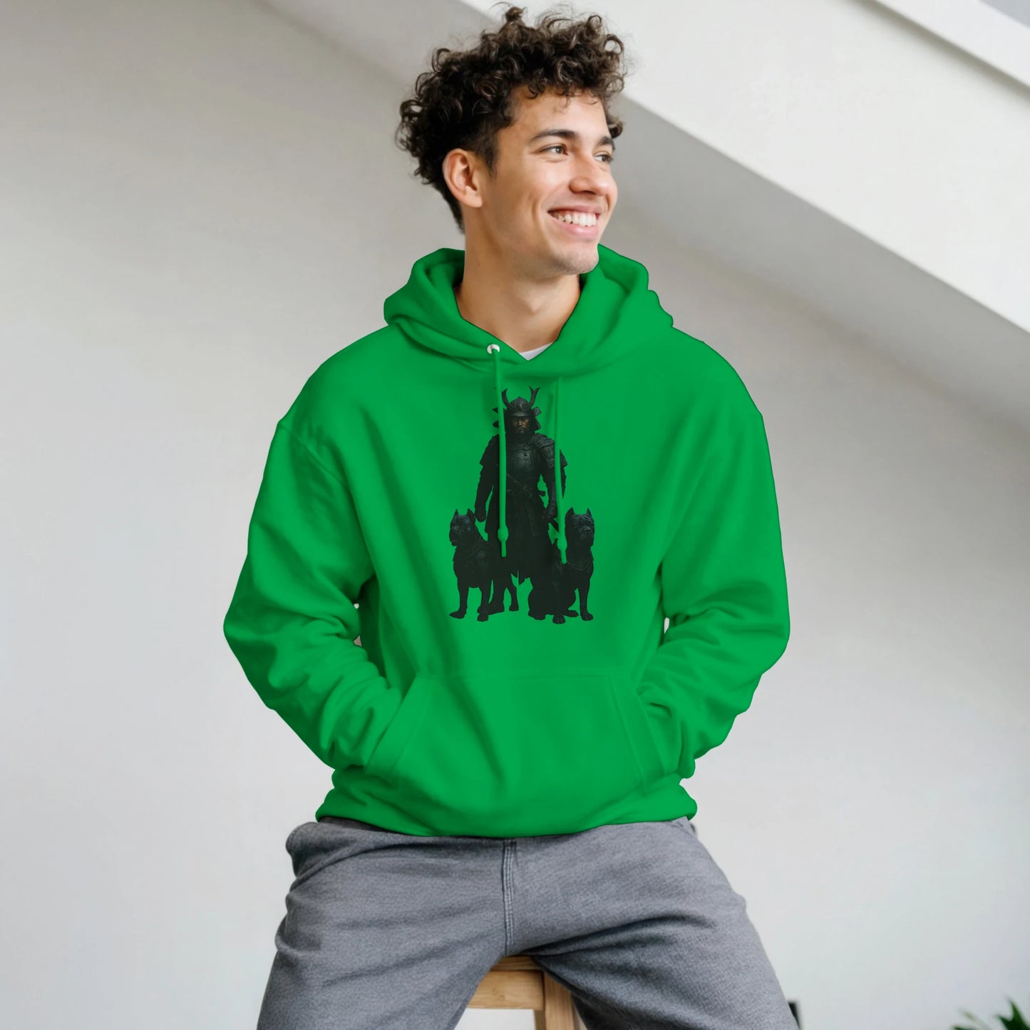 Sweat à capuche adulte unisexe classique vert Samourai+Cane Corso