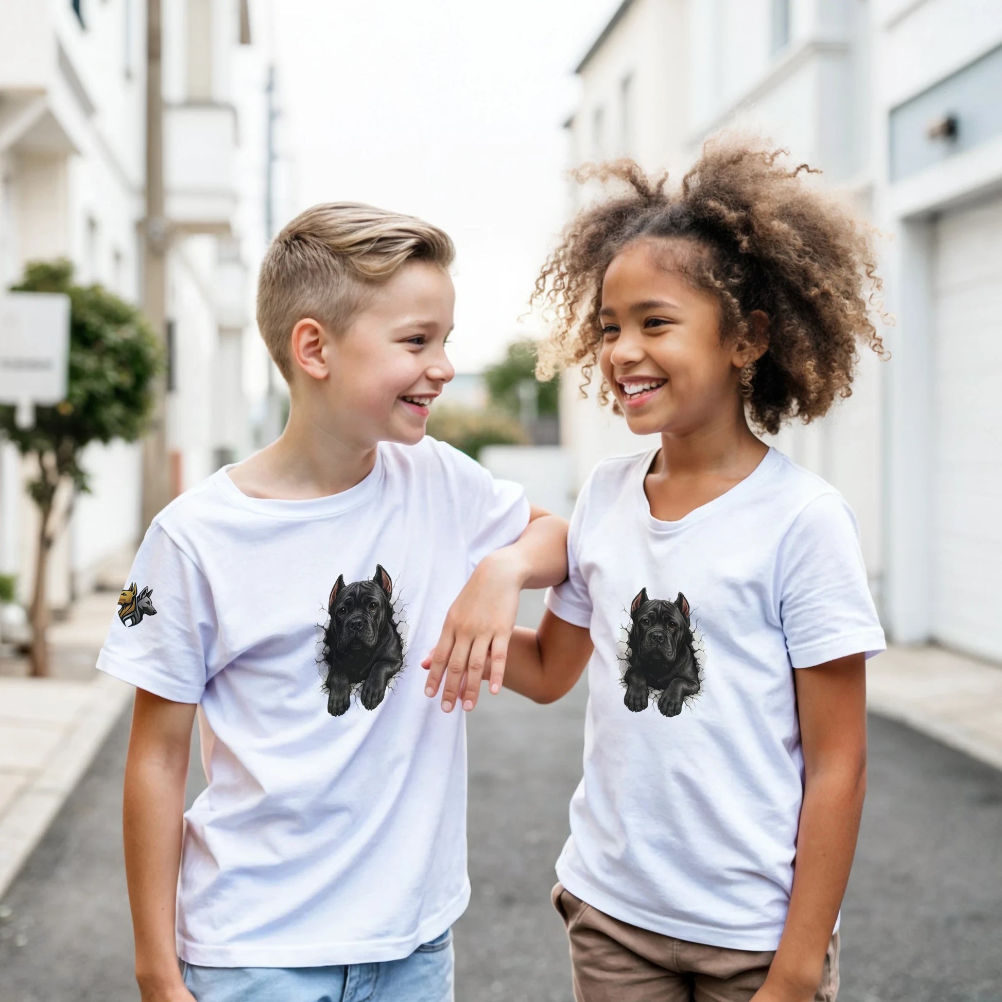 T-shirt enfant blanc Cane Corso trou mur