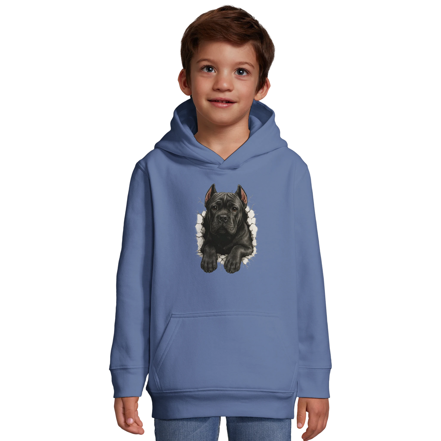Sweat-shirt à capuche enfant bleu Cane Corso trou mur