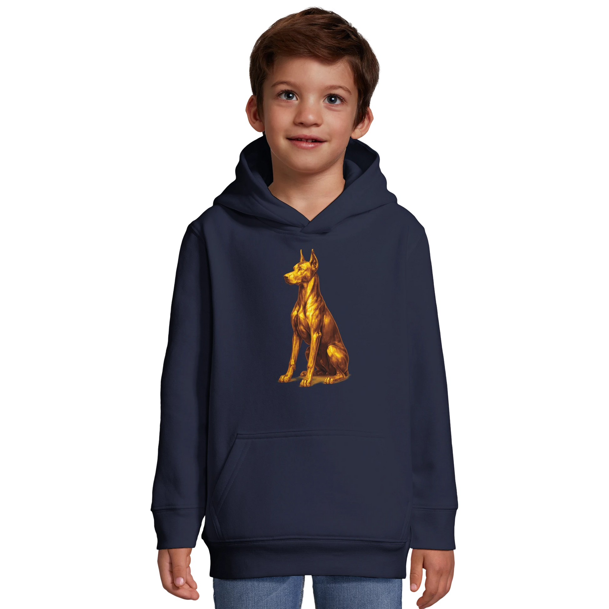 Sweat-shirt à capuche enfant bleu marine Dobermann doré