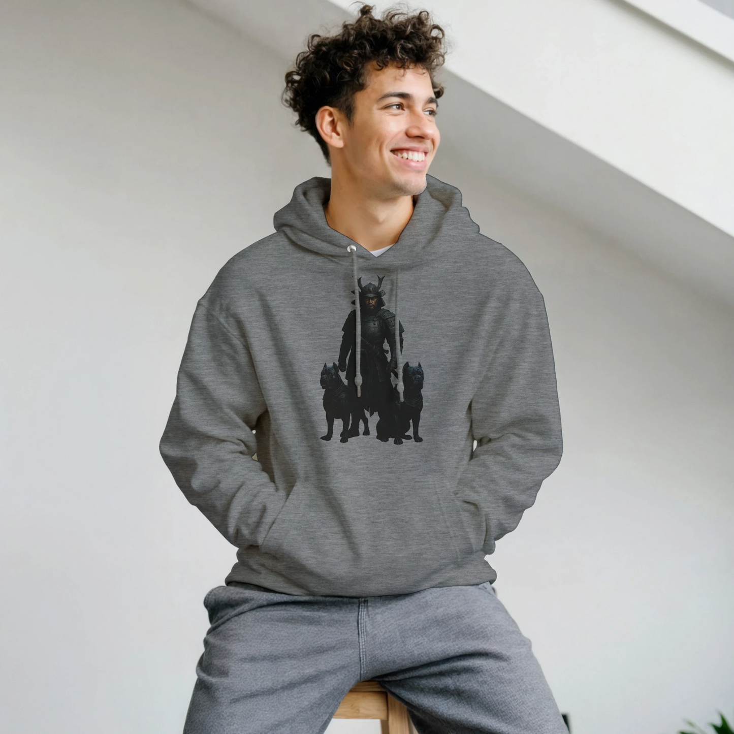 Sweat à capuche adulte unisexe classique gris Samourai+Cane Corso