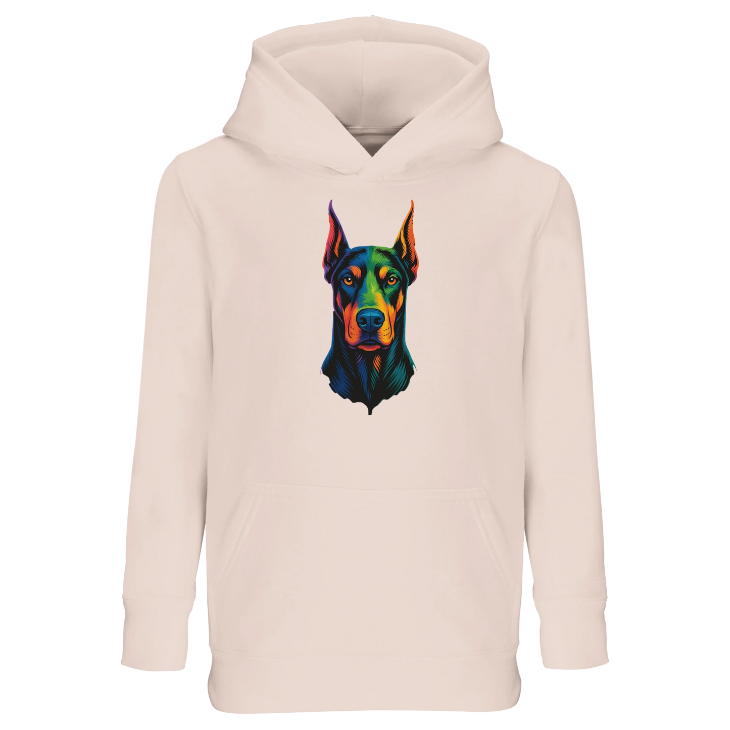 Sweat-shirt à capuche enfant rose tête Dobermann arc en ciel