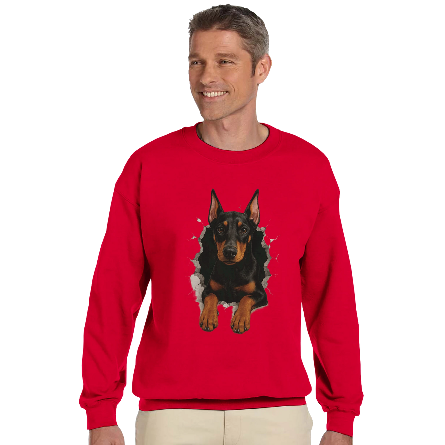 Sweat-shirt adulte unisexe classique ras du cou rouge Dobermann trou mur