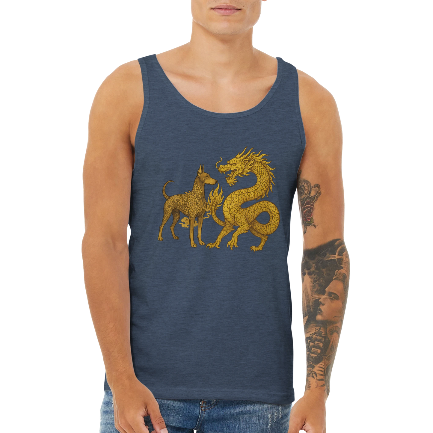 Débardeur adulte unisexe premium bleu chiné Dobermann+Dragon