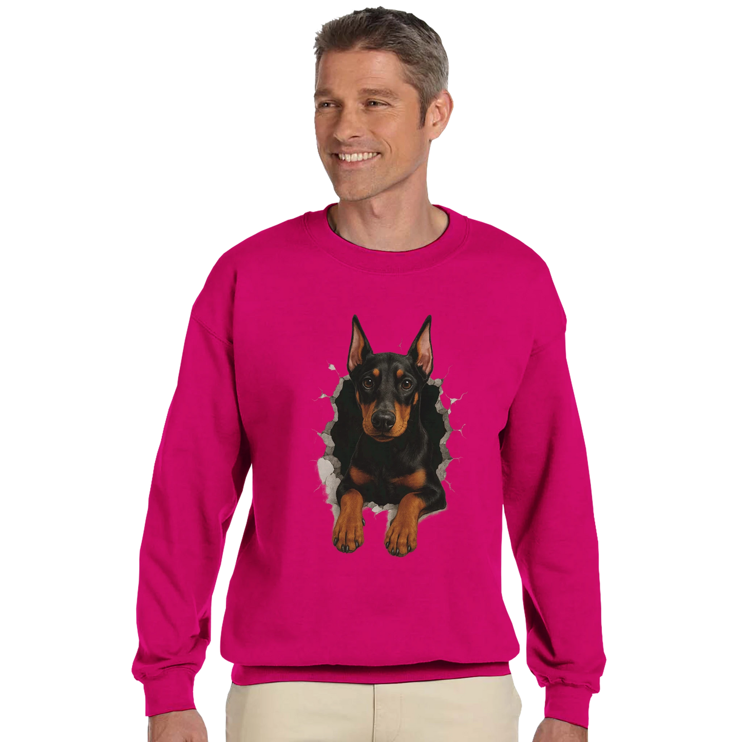 Sweat-shirt adulte unisexe classique ras du cou fuchsia Dobermann trou mur