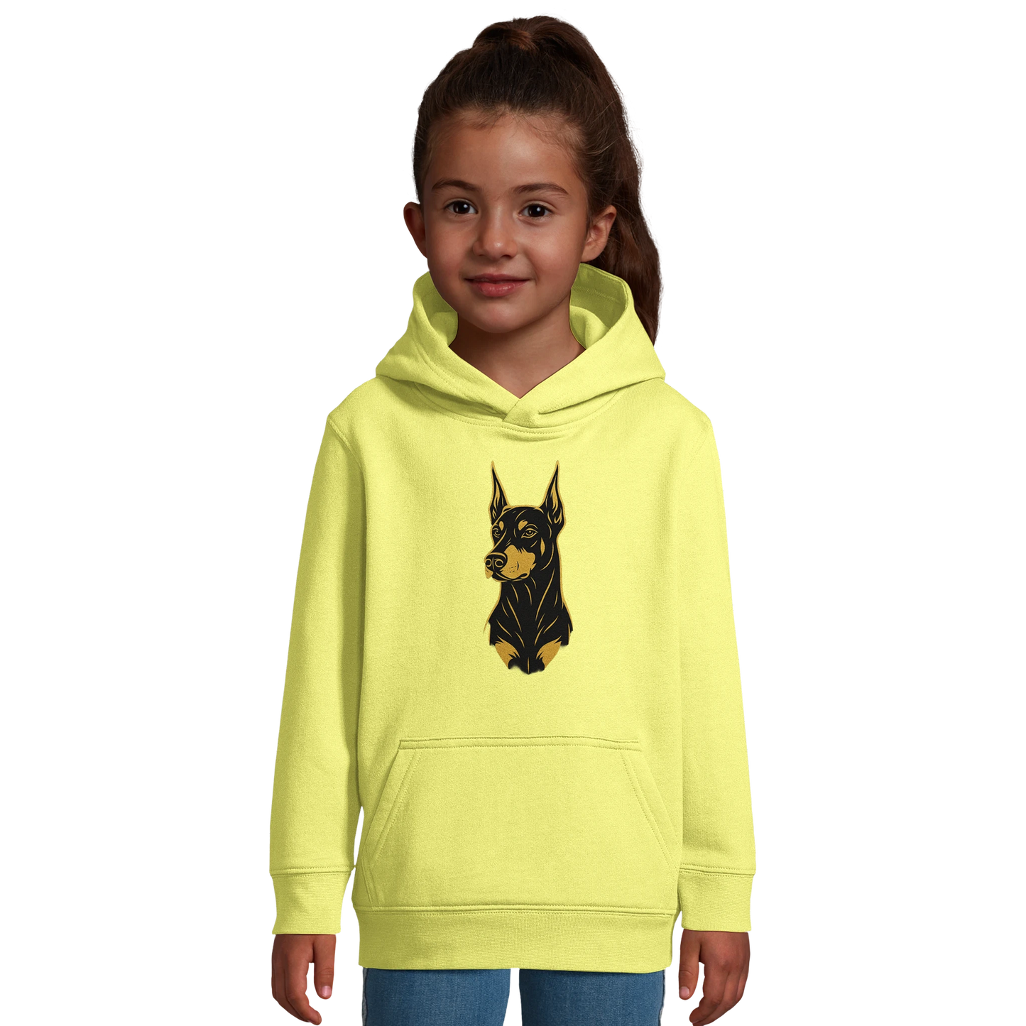 Sweat-shirt à capuche enfant jaune tête Dobermann dorée et noire