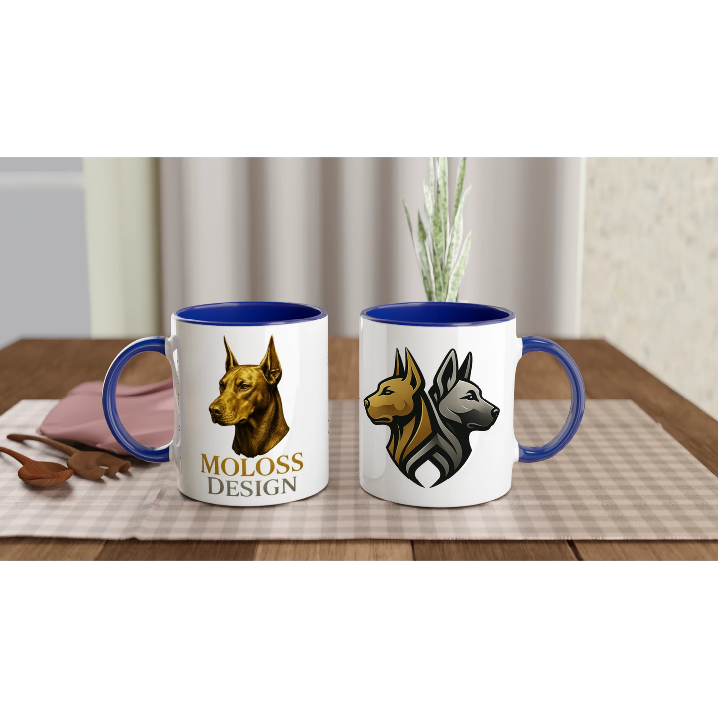 Marque MolossDesign | Mug en céramique blanche 325 ml (11 oz) avec intérieur coloré tête Dobermann doré MolossDesign et logo MolossDesign