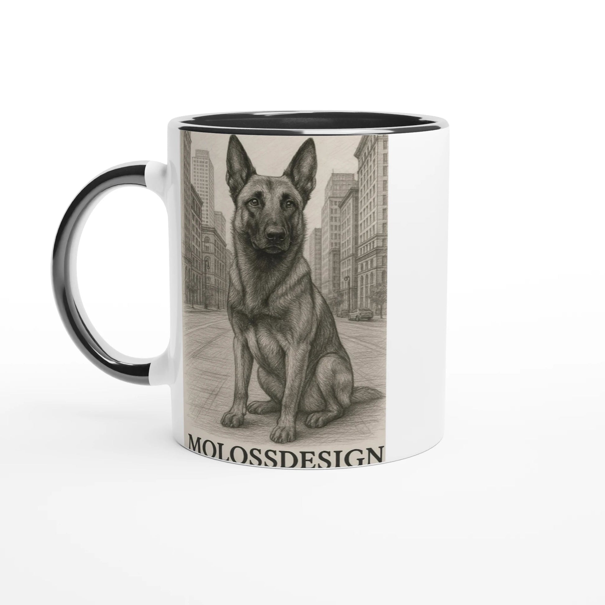 Mug céramique blanche 325 ml (11 oz) intérieur coloré noir-affiche Malinois au crayon