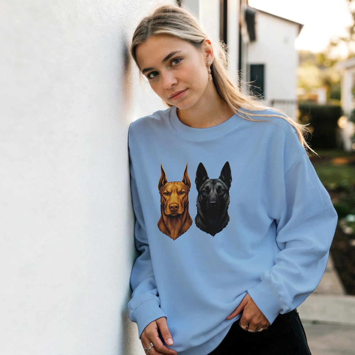 Sweat-shirt adulte unisexe classique ras du cou bleu tête Dobermann+Malinois