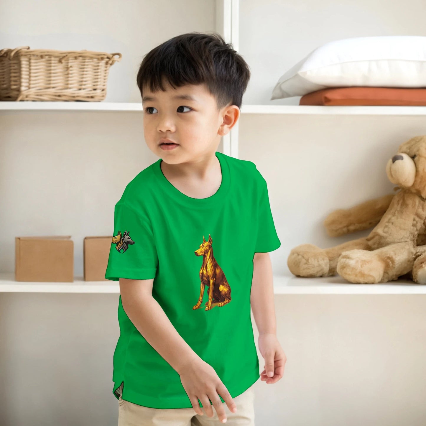 Marque MolossDesign | T-shirt enfant classique ras du cou Dobermann doré assis1 avec logo sur manche droite MolossDesign