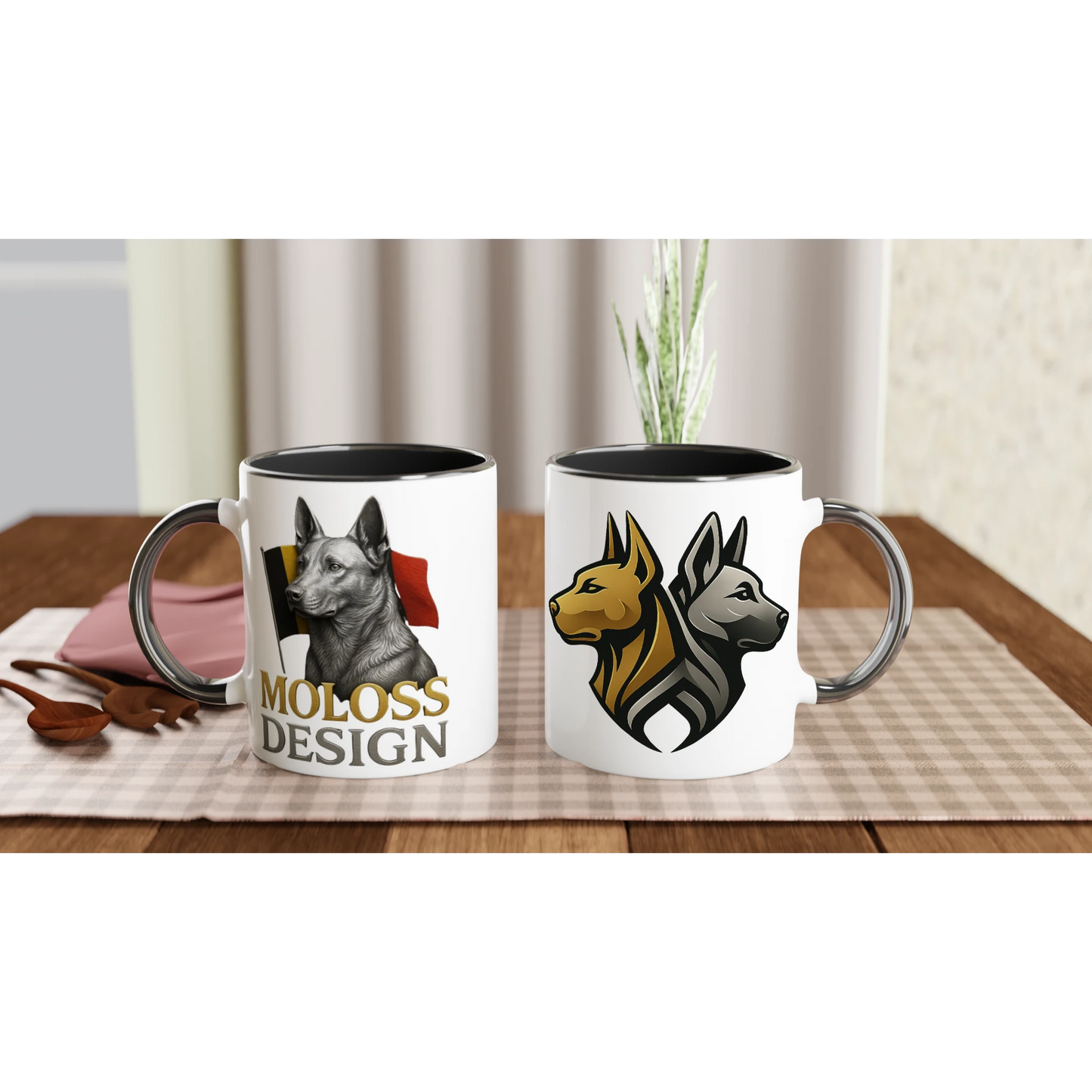 Mug en céramique blanche 325 ml (11 oz) avec intérieur coloré noir Malinois argenté drapeau belge