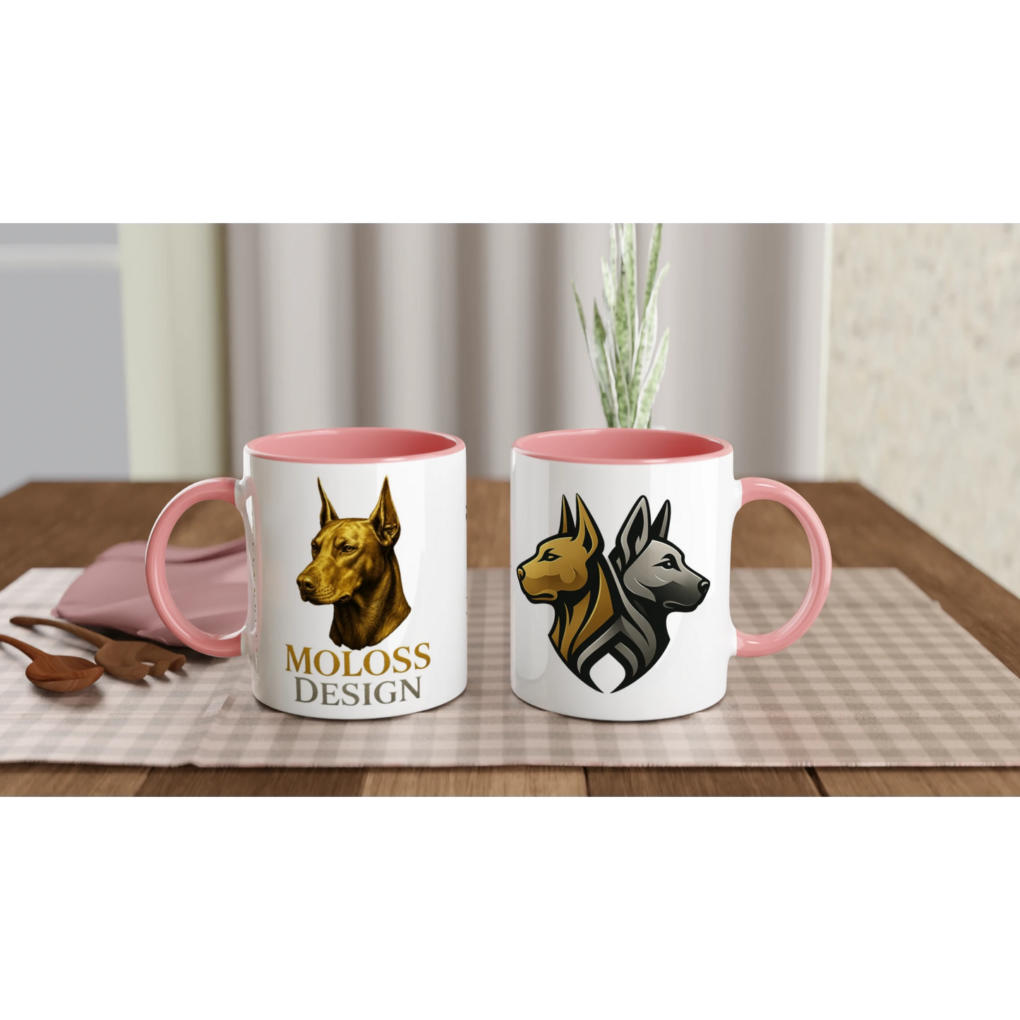 Marque MolossDesign | Mug en céramique blanche 325 ml (11 oz) avec intérieur coloré tête Dobermann doré MolossDesign et logo MolossDesign