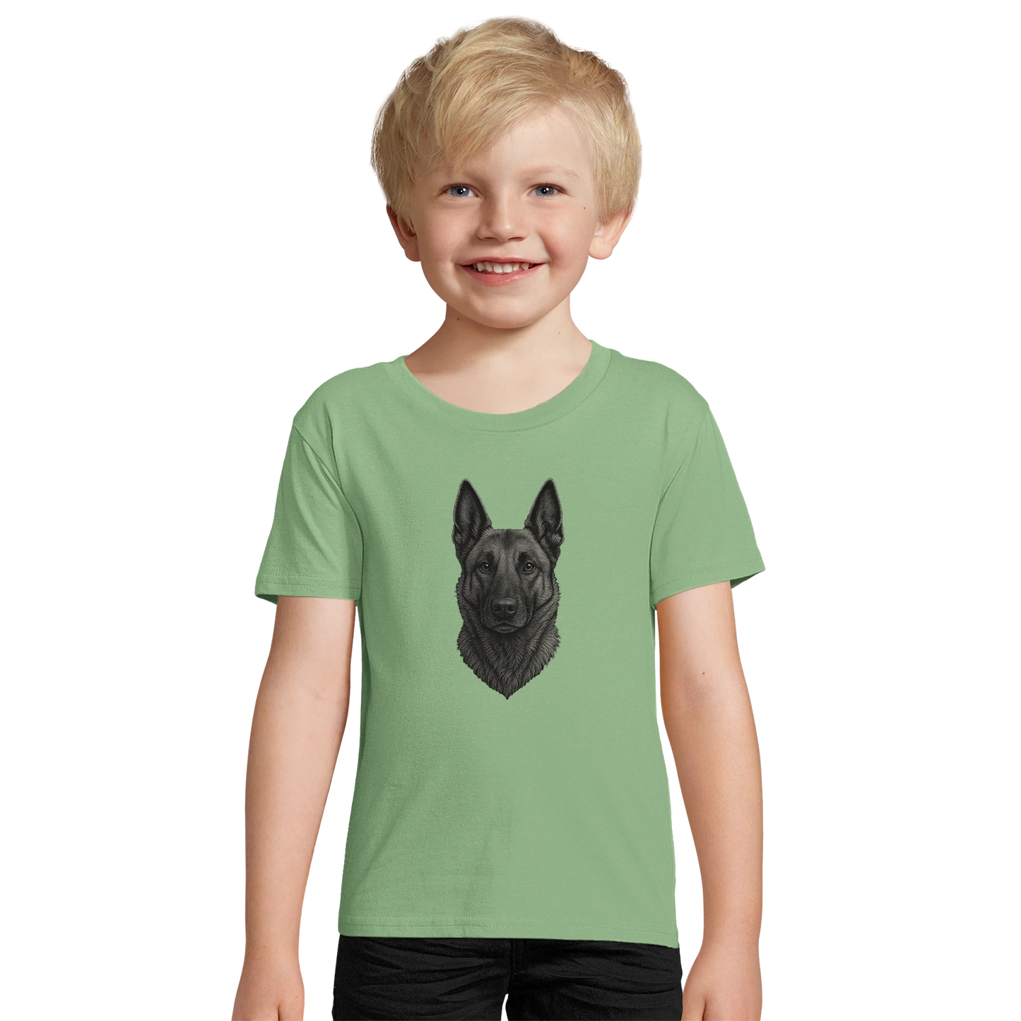 Marque MolossDesign | T-shirt enfant coton bio ajusté tête Malinois argentée1 avec logo sur le dos MolossDesign