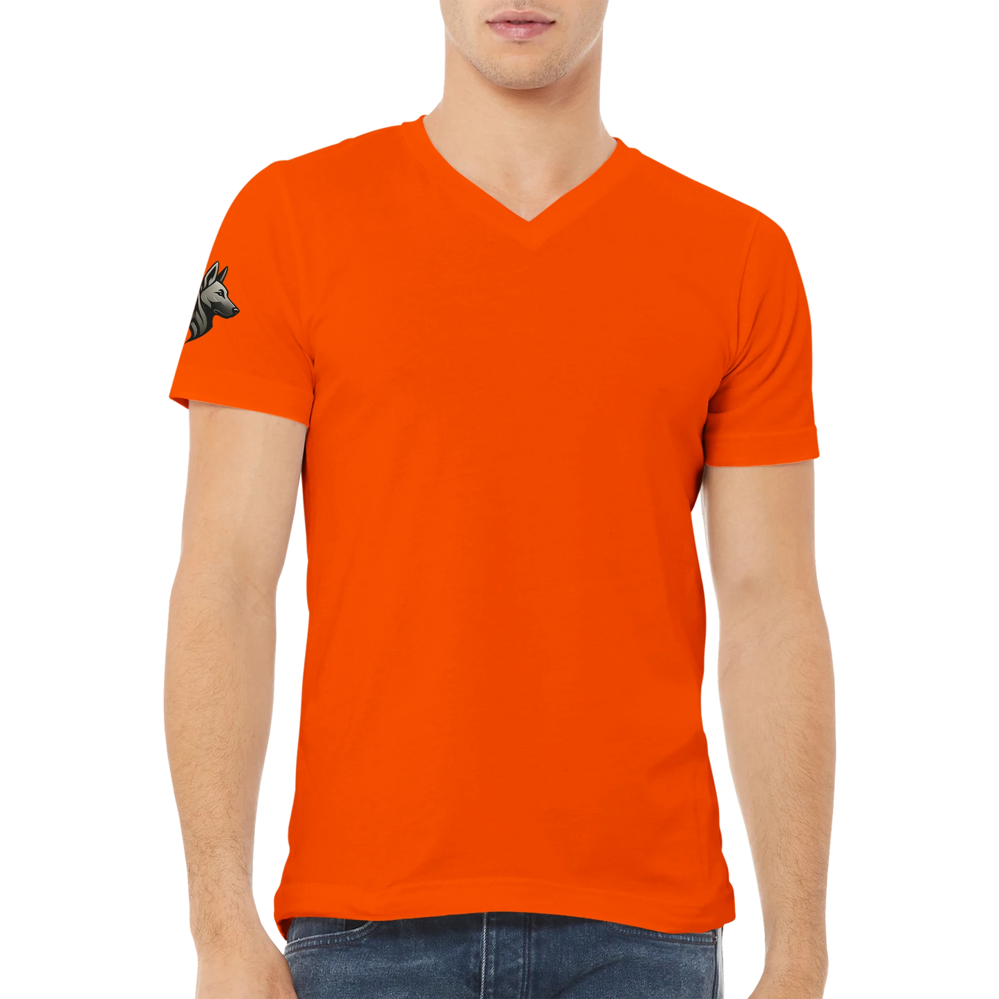 T-shirt unisexe premium uni col en V avec logo sur manche droite MolossDesign