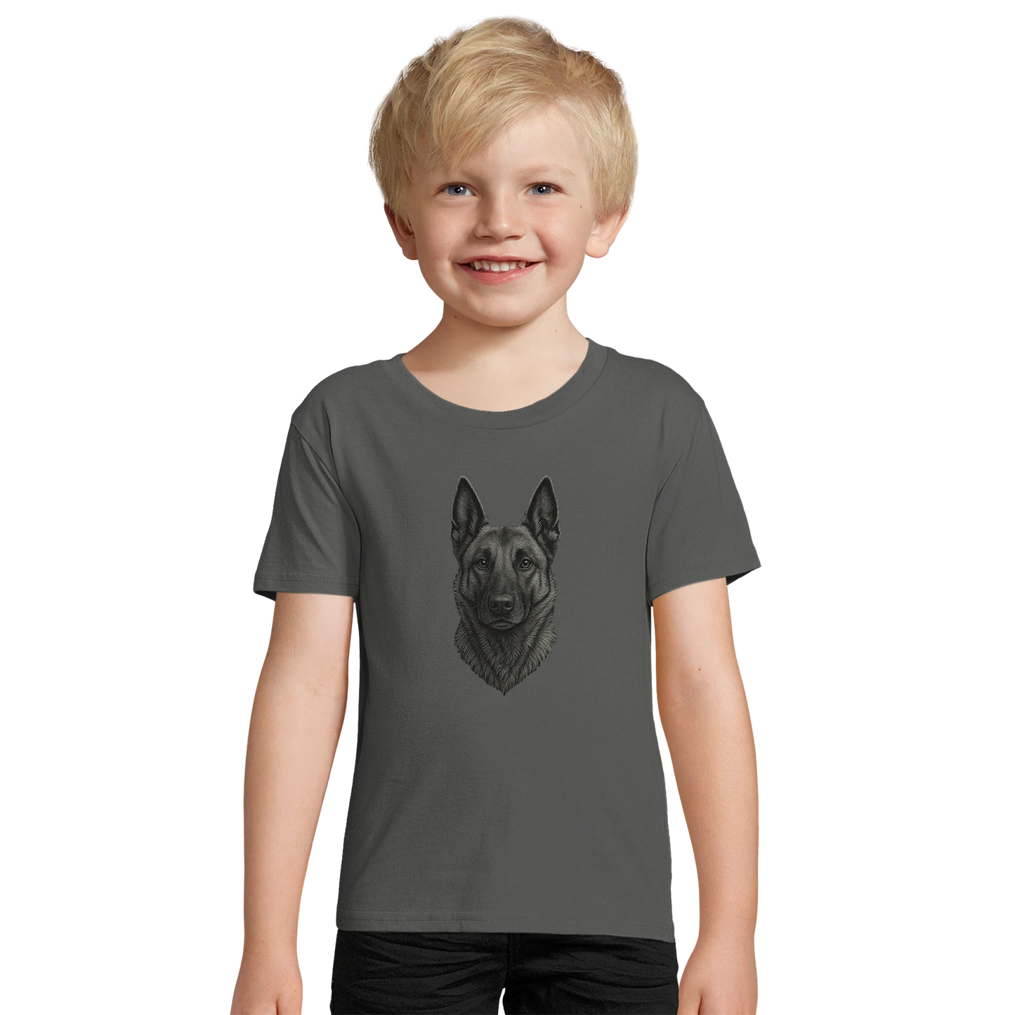 Marque MolossDesign | T-shirt enfant coton bio ajusté tête Malinois argentée1 avec logo sur le dos MolossDesign