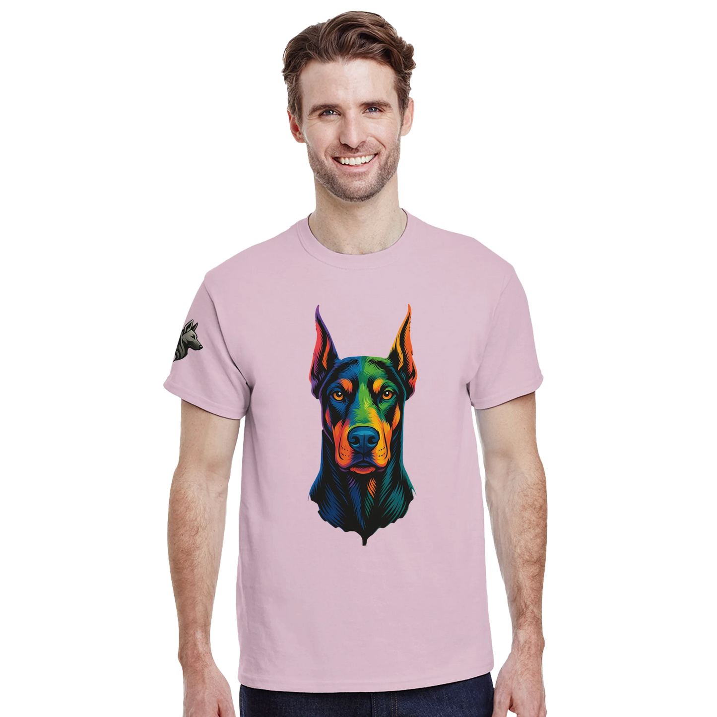 T-shirt adulte unisexe épais ras du cou rose tête Dobermann arc en ciel