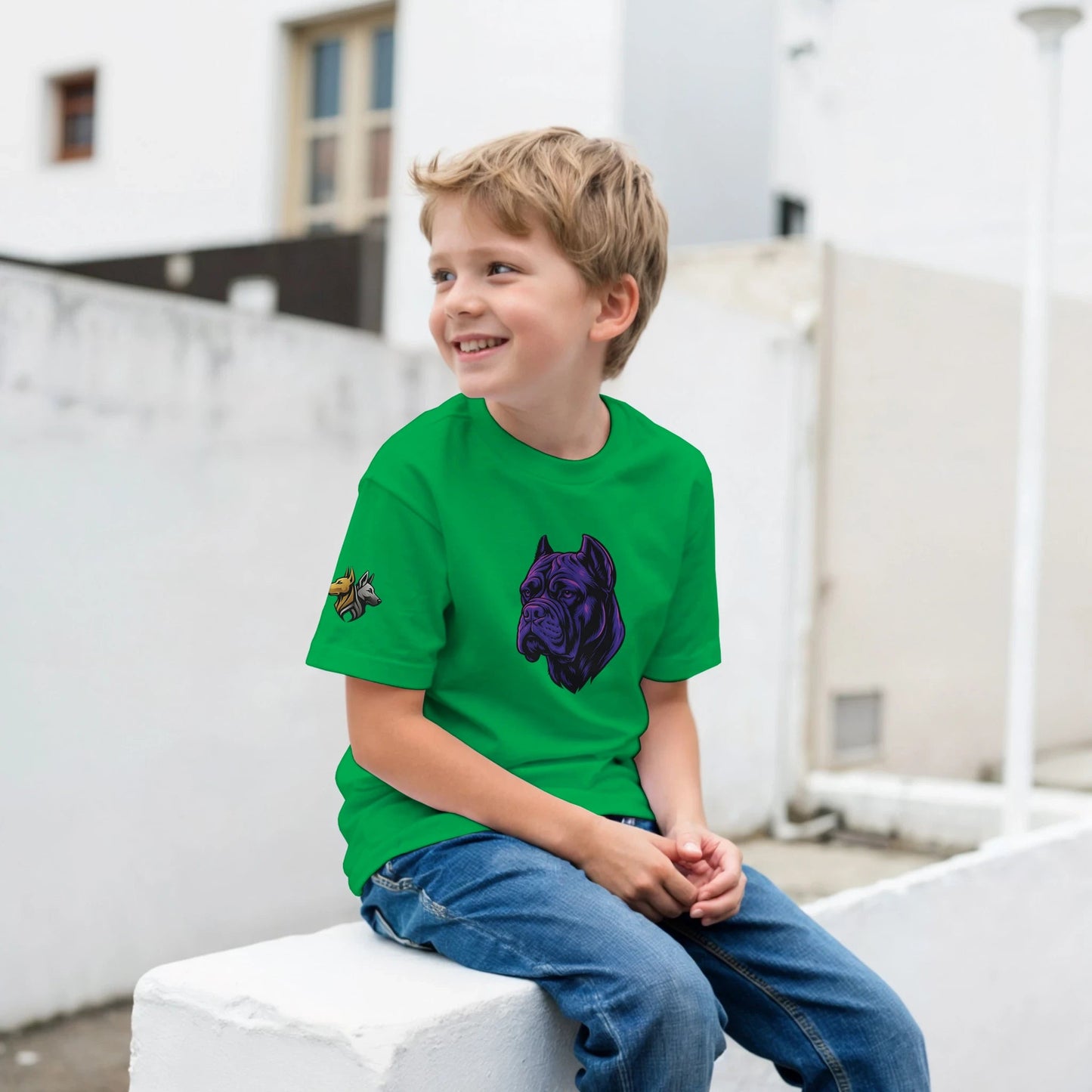 T-shirt enfant classique ras du cou tête Cane Corso 1 avec logo sur manche droite MolossDesign