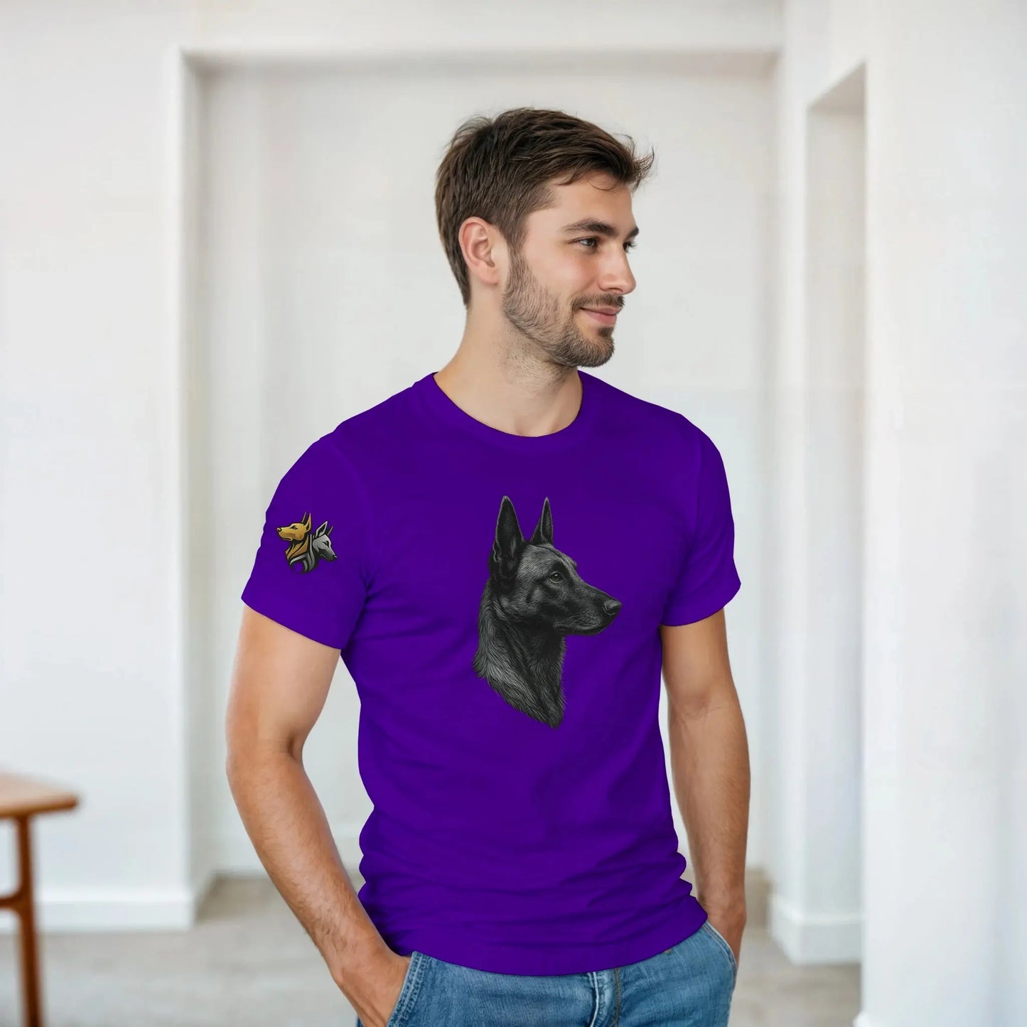 T-shirt adulte unisexe épais ras du cou violet tête profil Malinois argentée