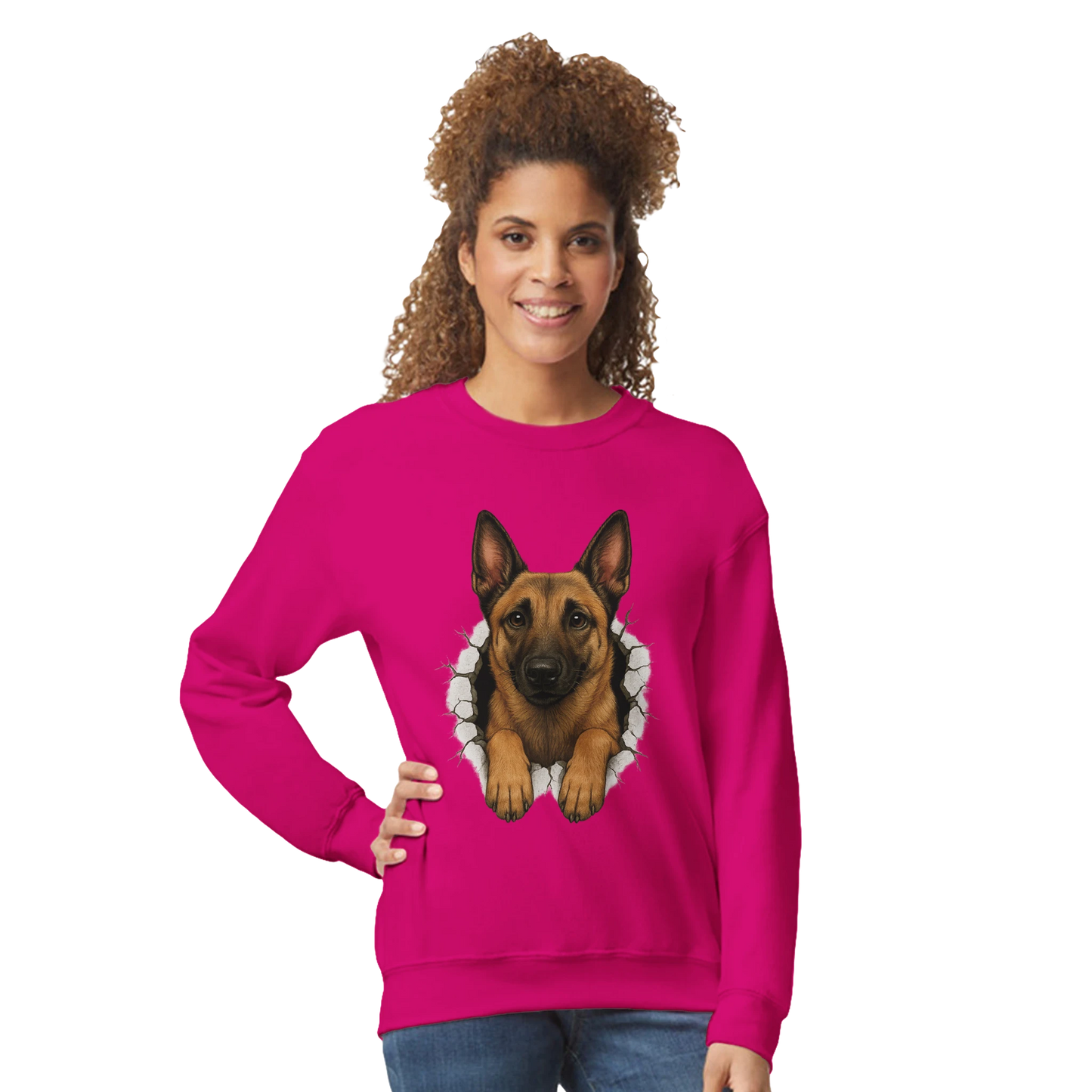 Sweat-shirt adulte unisexe classique ras du cou fuchsia Malinois trou mur