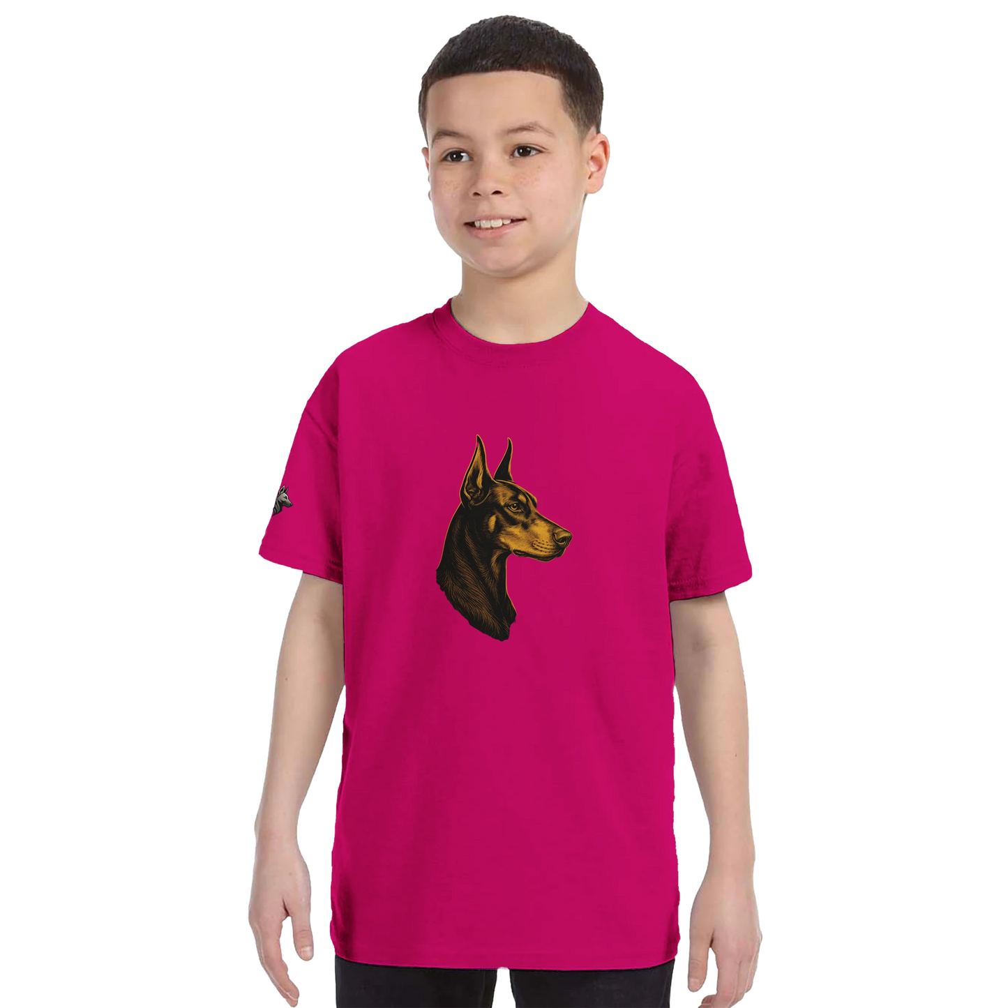 T-shirt enfant classique ras du cou tête profil Dobermann dorée avec logo sur la manche MolossDesign