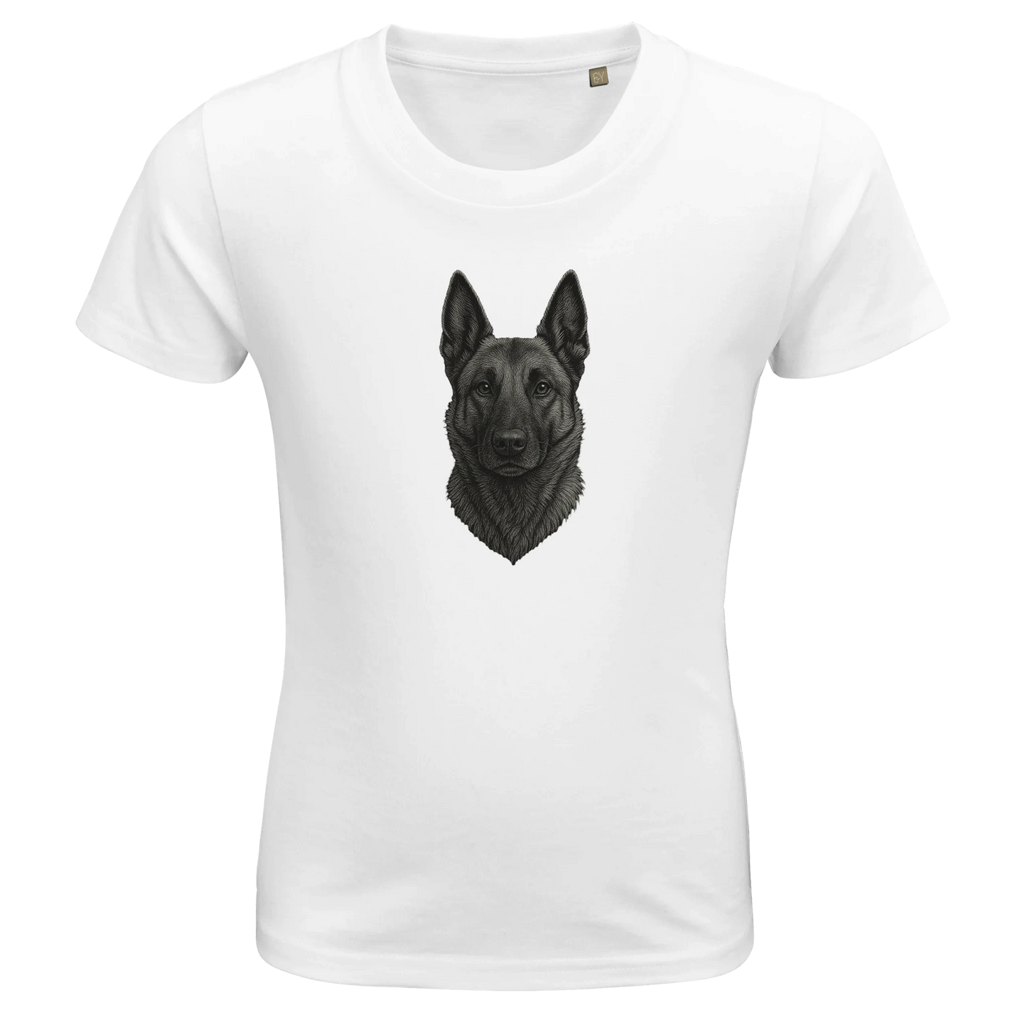 Marque MolossDesign | T-shirt enfant coton bio ajusté tête Malinois argentée1 avec logo sur le dos MolossDesign