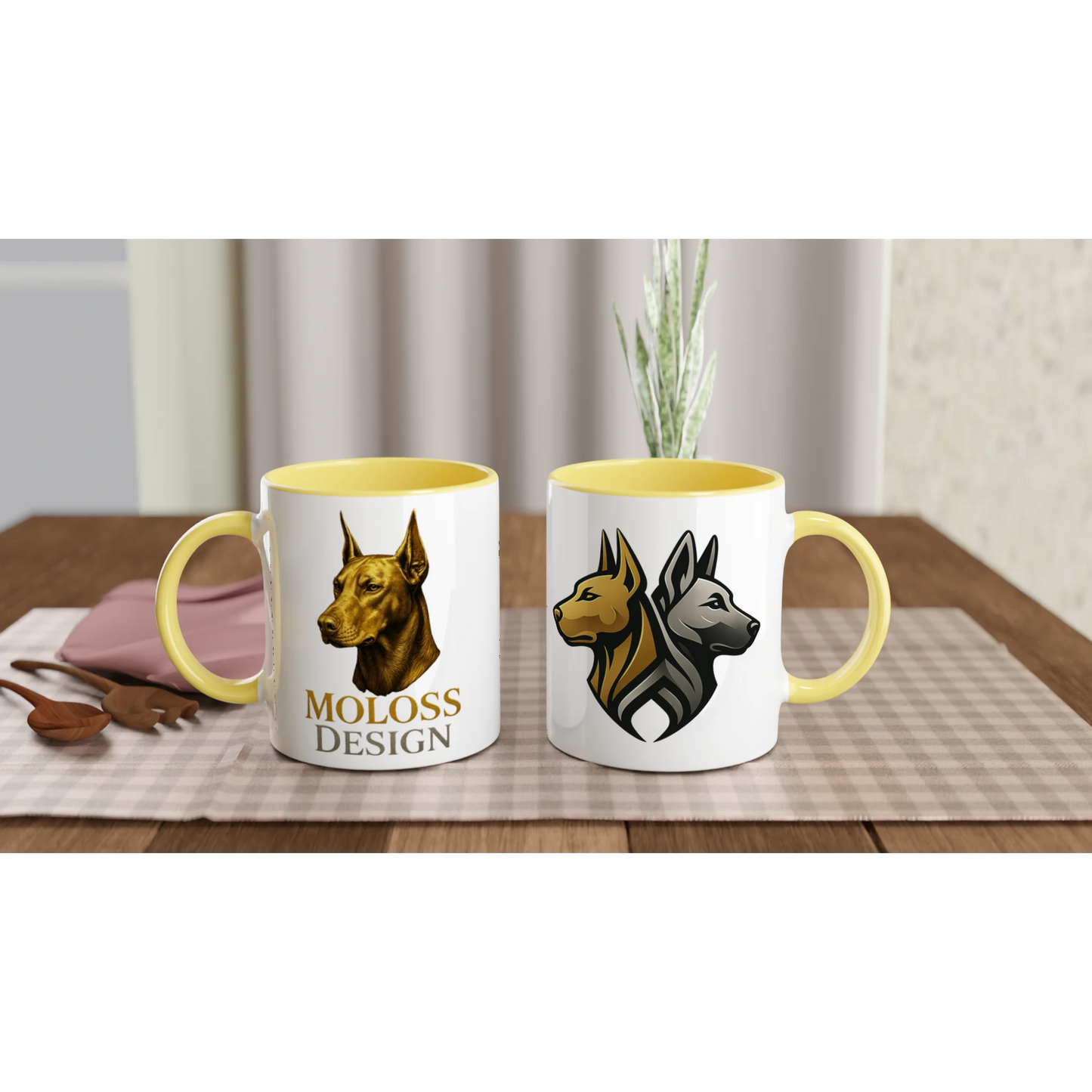 Marque MolossDesign | Mug en céramique blanche 325 ml (11 oz) avec intérieur coloré tête Dobermann doré MolossDesign et logo MolossDesign