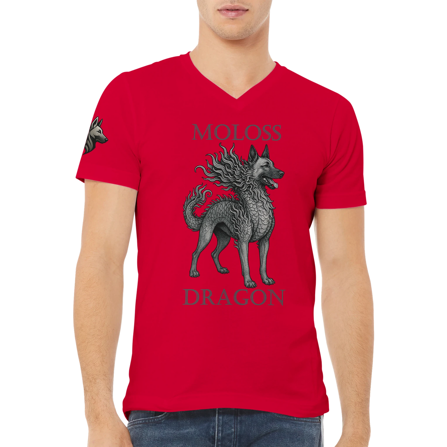 T-shirt adulte unisexe premium col en V rouge Moloss Dragon Malinois
