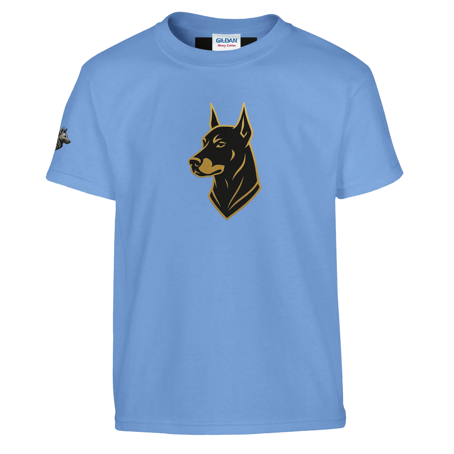 Marque MolossDesign | T-shirt enfant col rond Dobermann noir et doré3 et logo sur manche droite MolossDesign