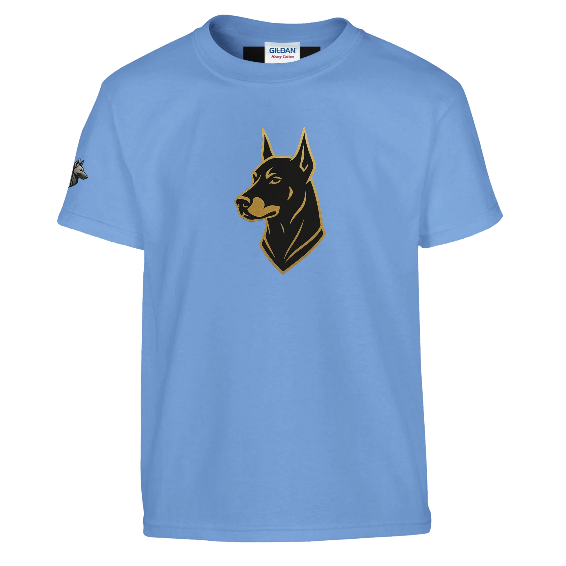 Marque MolossDesign | T-shirt enfant col rond Dobermann noir et doré3 et logo sur manche droite MolossDesign