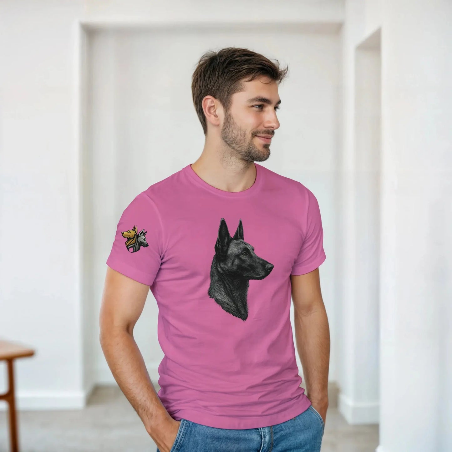 T-shirt adulte unisexe épais ras du cou rose tête profil Malinois argentée