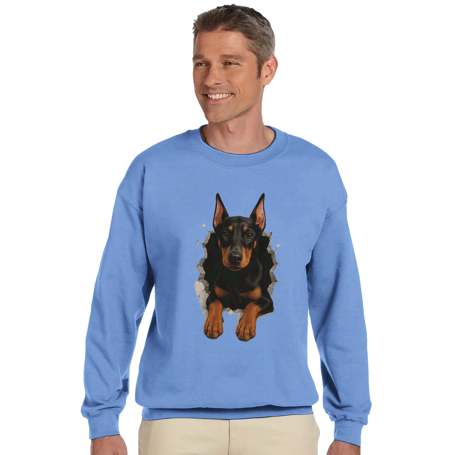 Sweat-shirt adulte unisexe classique ras du cou bleu Dobermann trou mur