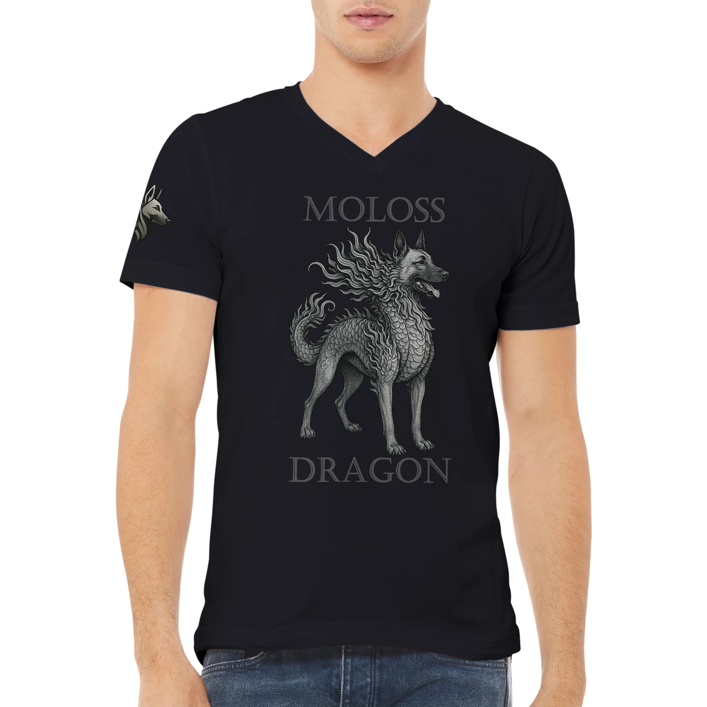 T-shirt adulte unisexe premium col en V noir Moloss Dragon Malinois