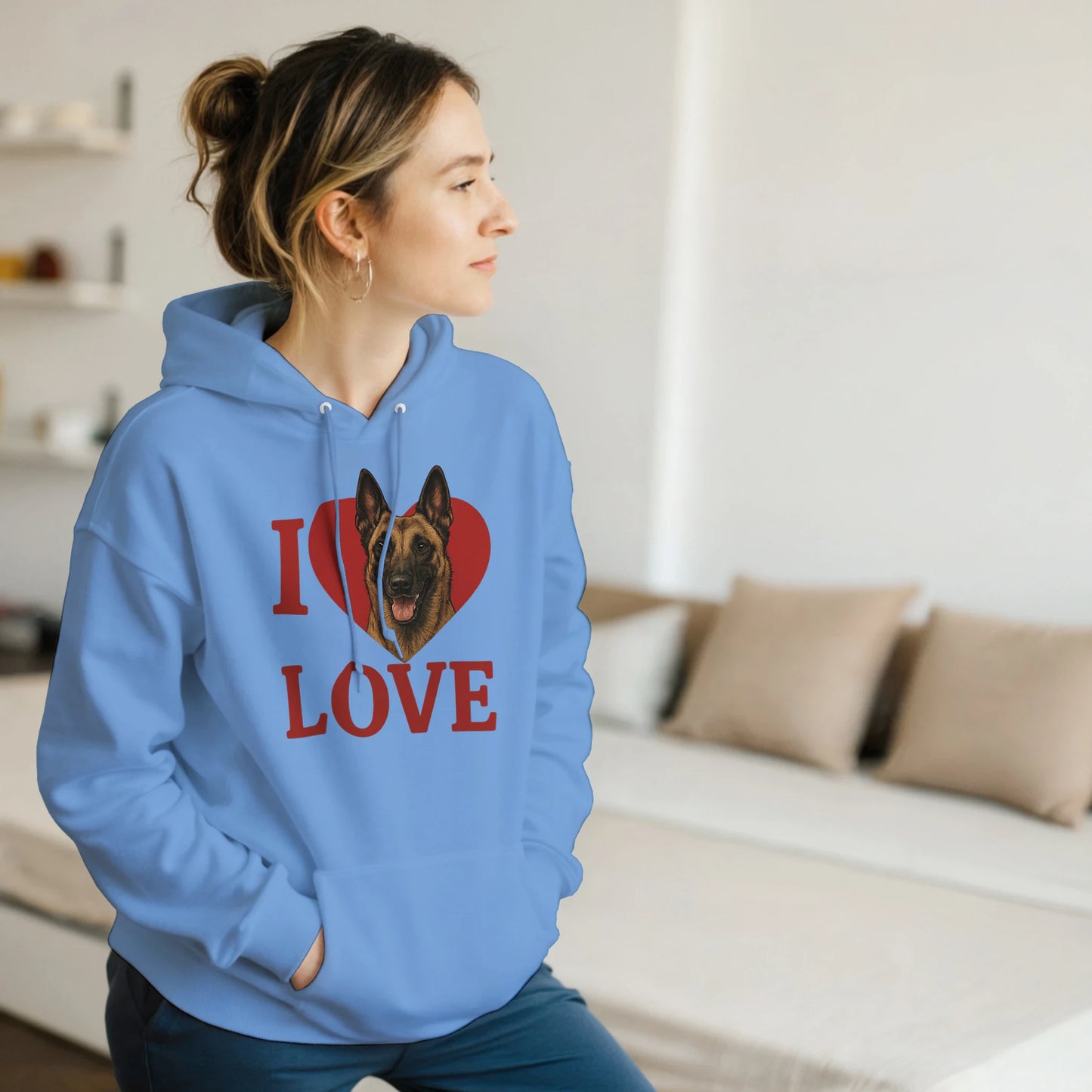 Sweat à capuche adulte unisexe classique bleu I love Malinois