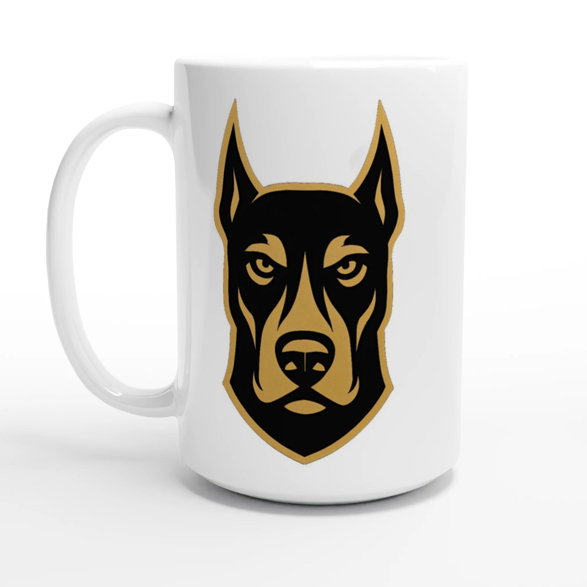 Mug céramique blanche 443 ml (15 oz) tête Dobermann doré et noir